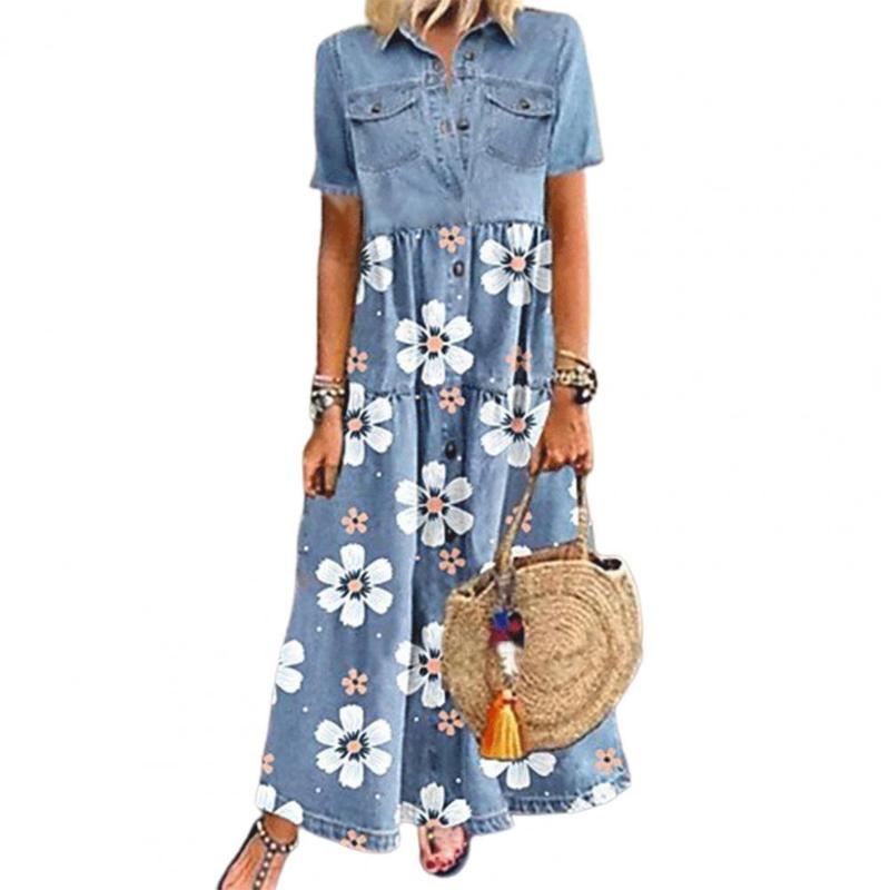 

Casual Dresses Women Elegant Turn-Down Collar Dress Floral Print Single-breasted Patchwork Pockets Shirt Short Sleeve A-Line Party, Blue