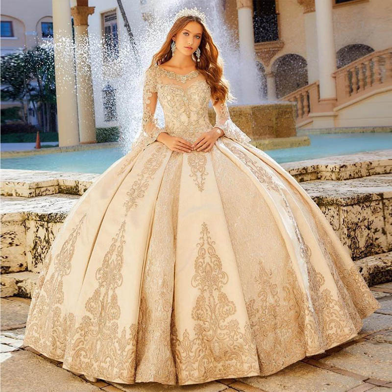 

Amazing Beaded Lace Ball Gown Quinceanera Dresses Sheer Bateau Neck Long Sleeves Prom Gowns Sequined Sweep Train Tulle Sweet 16 Vestidos De 15 Años, Yellow