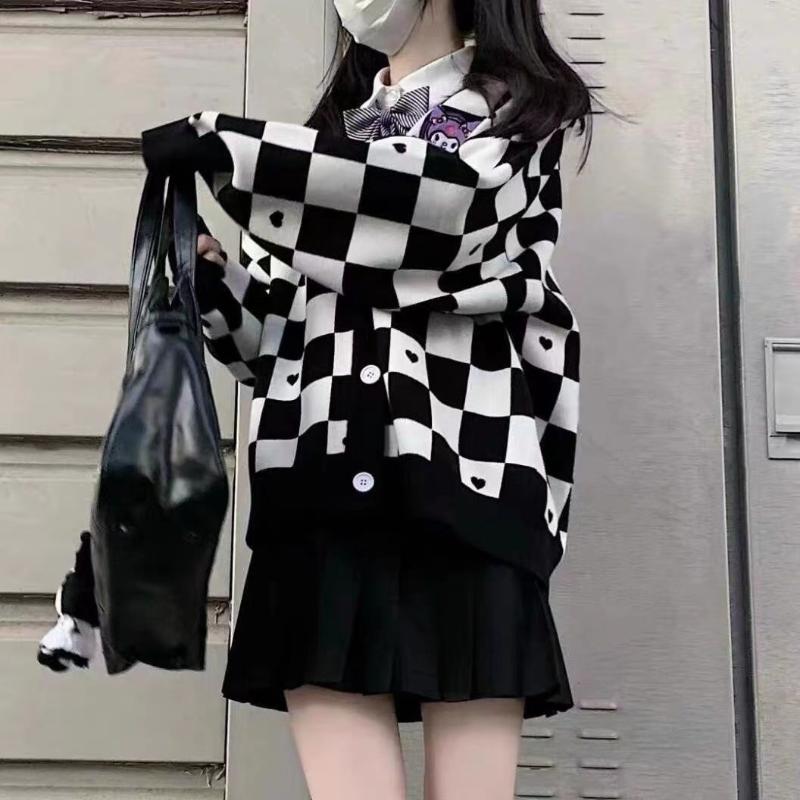 

Women's Knits & Tees Women Autumn Spring Girls Kawaii Cartoon Loose Knitted Embroidery Cardigan Cute Jk Uniform Checkerboard Sweater CoatWom, Blue