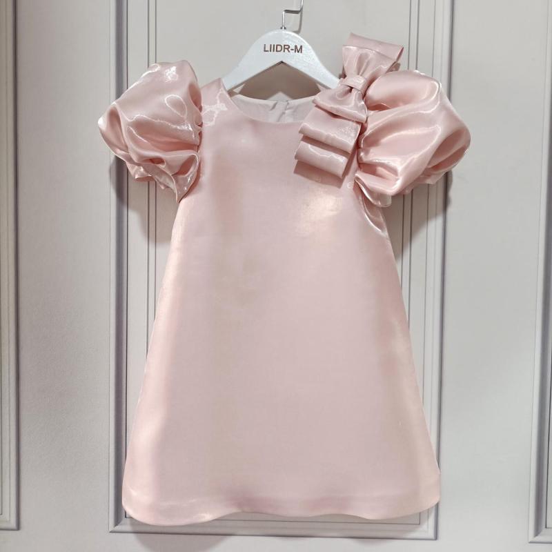 Girl's Dresses KOKI Baby Girls Dress Party Satin Pink Short Puff Sleeve A Line Bow Elegant Wedding Formal Kids Anniversary Gown