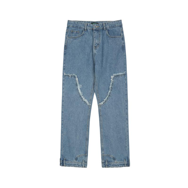 

Men's Jeans Loose Pure Color Edge Stitching Washed Jean MenIIns Street Trend Straight Trousers Tide Brand Pants, Blue