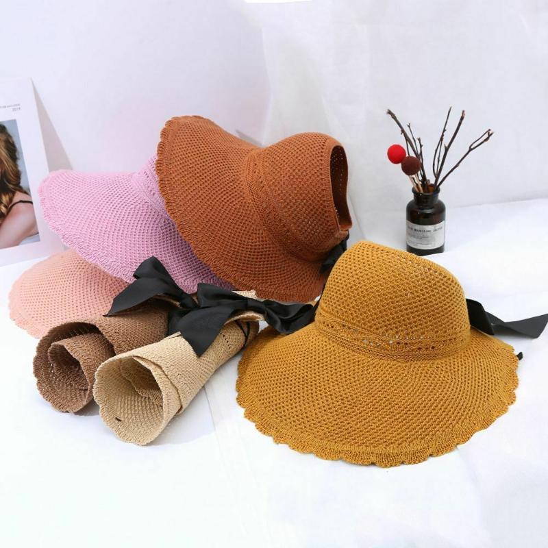 

Wide Brim Hats Summer Empty Top Suncap Foldable Portable Roll-up Beach Hat Sun Fashion Casual Straw Cap Visors For WomenWide, Black