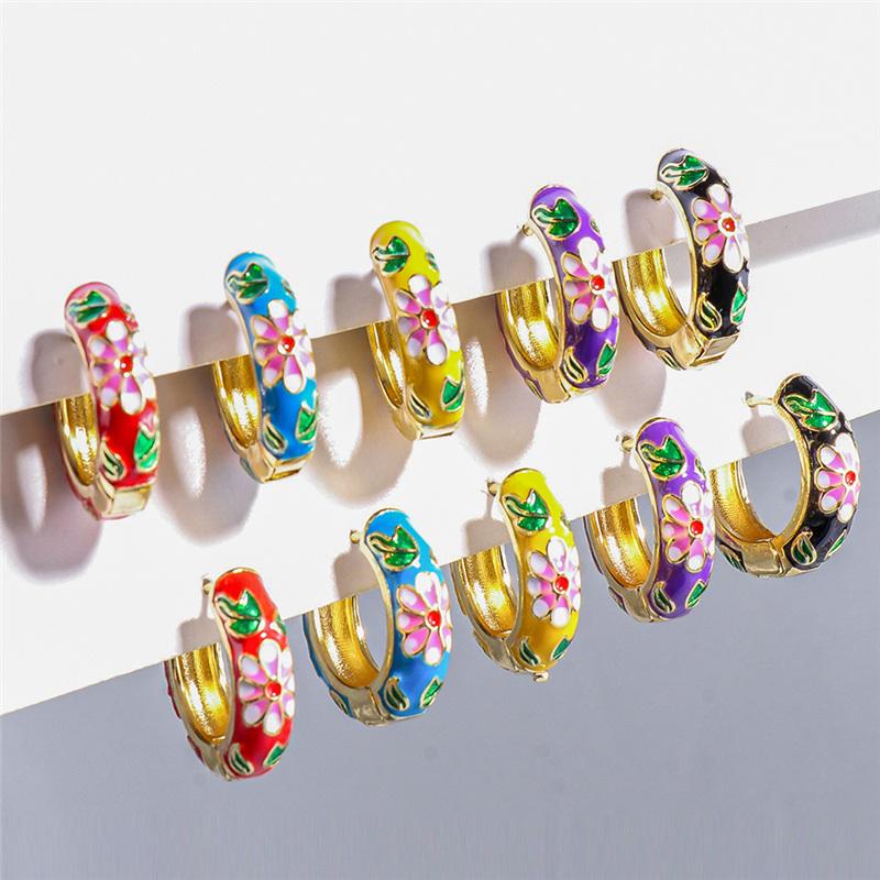 

Hoop & Huggie Vintage Brass Enamel Flower Earrings For Women Colorful Round Y2K Gold Hoops Wedding Jewelry 2022