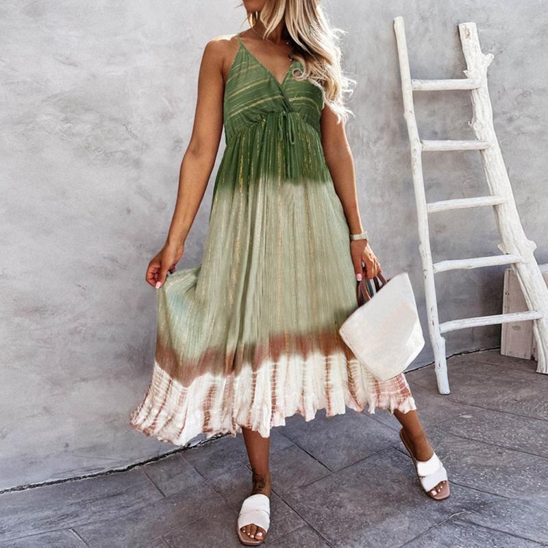 

Casual Dresses Women Ladies Elegant Sexy V-neck Strap Gradient Print Fashion Sleeveless Slim Long 2022 DressCasual, Blue