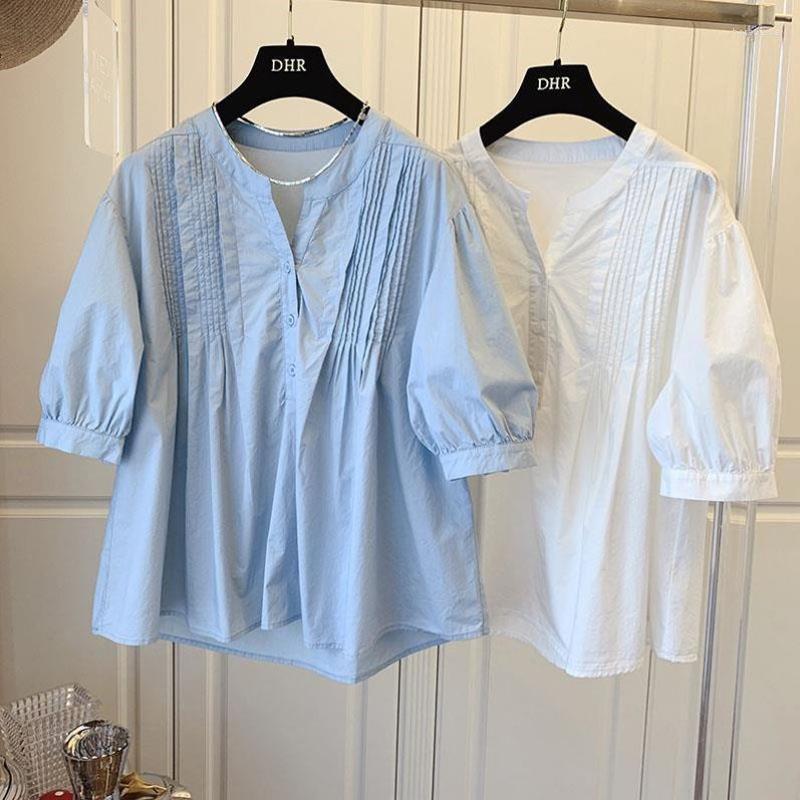 

Women's Blouses & Shirts White Cotton Shirt Women Korean Loose Japanese Casual Pleated Puff Sleeves Round Neck Short Sleeve Top SummerWomen'