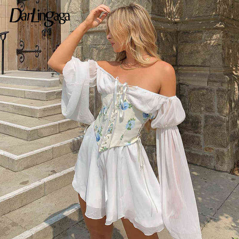 

Darlingaga Casual Slash Neck Chiffon Beach White Dress Women Flare Sleeve Off Shoulder Sexy Summer Dress 2021 Double Layer Solid Y220401, Black-only corset
