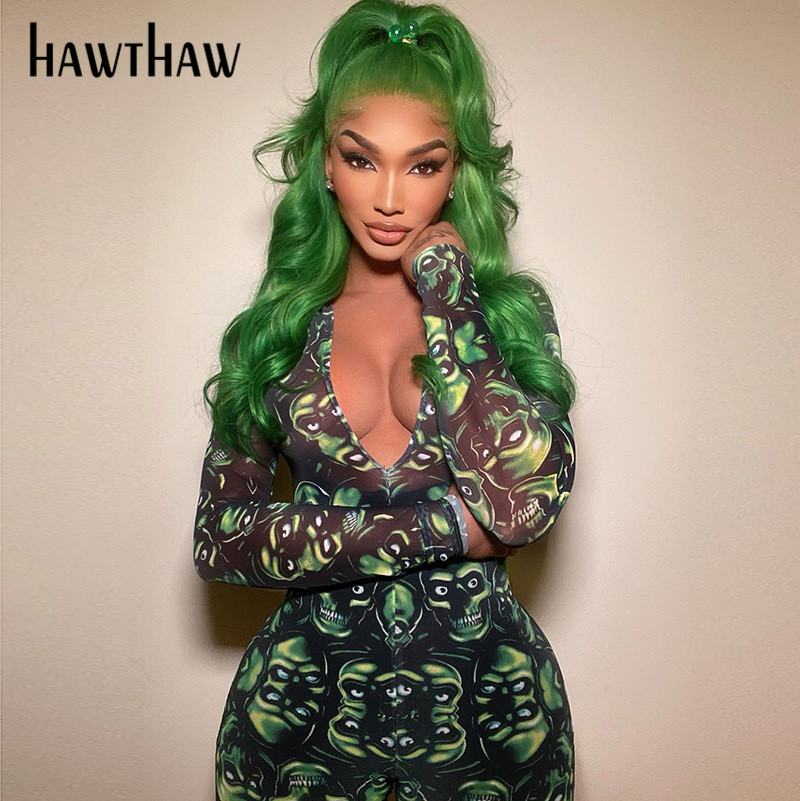 

Hawthaw Women Autumn Long Sleeve V Neck Mesh See Through Bodycon Printed Jumpsuit Overalls 2021 Fall Clothes Wholesale Items, Green