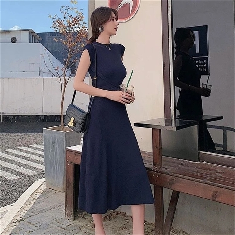 

Vintage Chic Drawstring Slim Waist Design Robe Fresh Solid Elastic Knit Woman Dress Elegant Temperament Bottoming Vestidos 220613, Navy