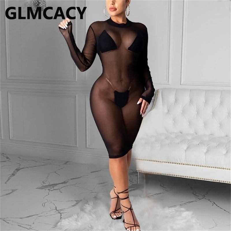 

Women Long Sleeve Mesh Sheer Sexy Bodycon Dress 220509, Black