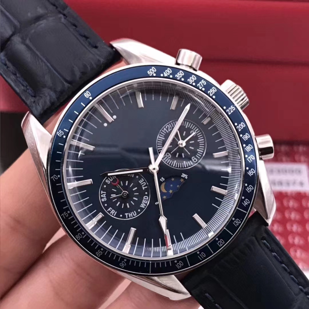 

Men's Mechanical Watch Silver Stainless Steel Dial 44mm Self-Winding Dark Blue Strap High Quality Movement Multifunction Moon Phase Watch