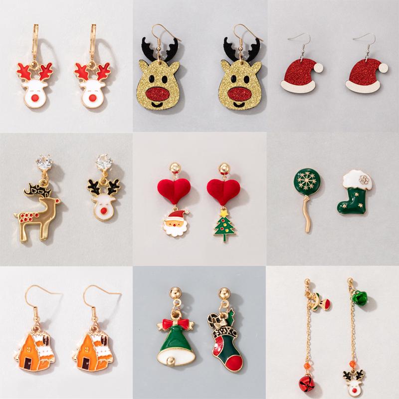 

Dangle & Chandelier Lovely Asymmetry Tree Santa Claus Drop Earrings For Women Colroful Dripping Oil Deer Bells House Christmas Jewelr