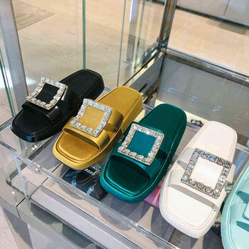 Summer Rv Leather Sandals Rhinestone Square Buckle Flat Bottom Women's Shoes Thick Soled Slippers French One Line Strap