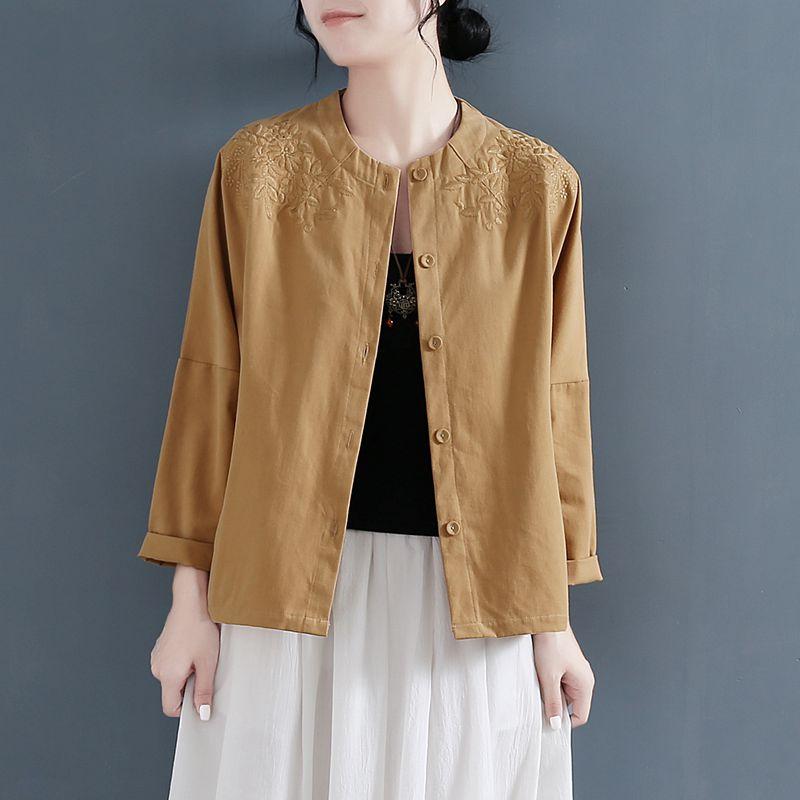 

Women's Blouses & Shirts Women Solid Color Cotton Long Sleeve O-neck Embroidery Spring Autumn Female Sweet Loose Casual Tops, Beige