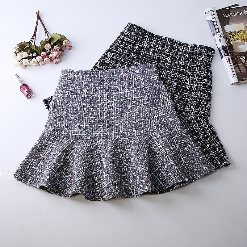 

Skirts Korean Saia 2022 Winter Women' High Waist Tweed Trumpet Ruffles Package Hip Mini Vintage Plaid Woolen Female SkirtSkirts, Black