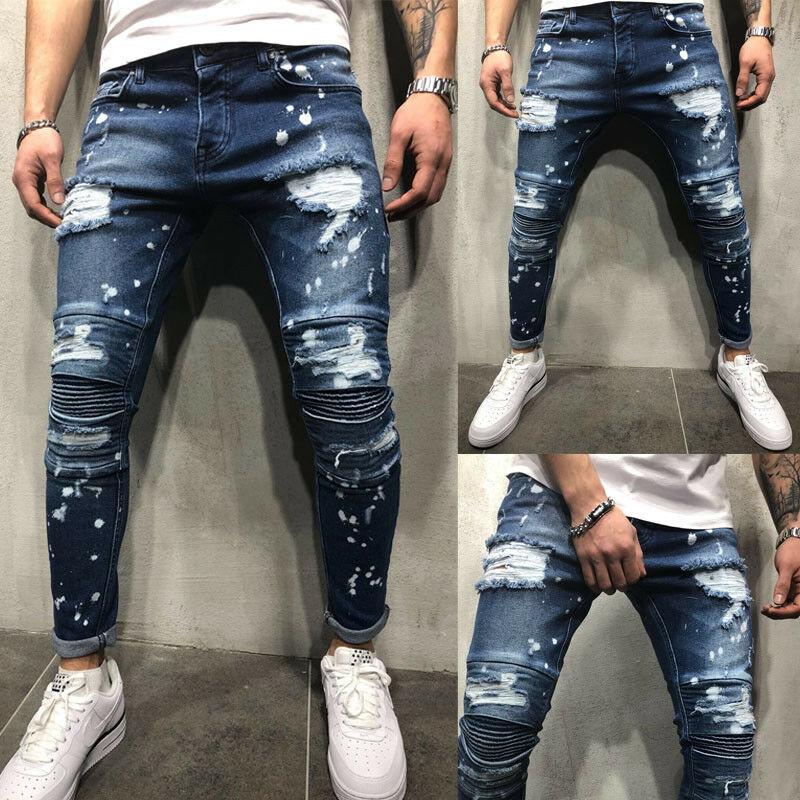 

Men's Jeans Fashion Men's Skinny Biker Destroyed Frayed Denim Ripped Pants TrouserMen's, Blue
