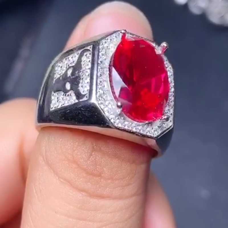 

Cluster Rings Bull Style Red Rorundum Ring For Men Jewelry 925 Silver Big Size Gem Cert. Muscular Power Gift Boy Husband BirthdayCluster