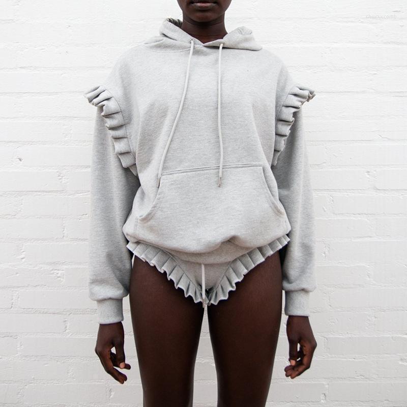 

Women' Tracksuits BKLD 2022 Fall/Winter Women Solid Color Hooded Sweatshirts Shorts Set Fashion Ruffles Patchwork Sexy Two Piece, Gray