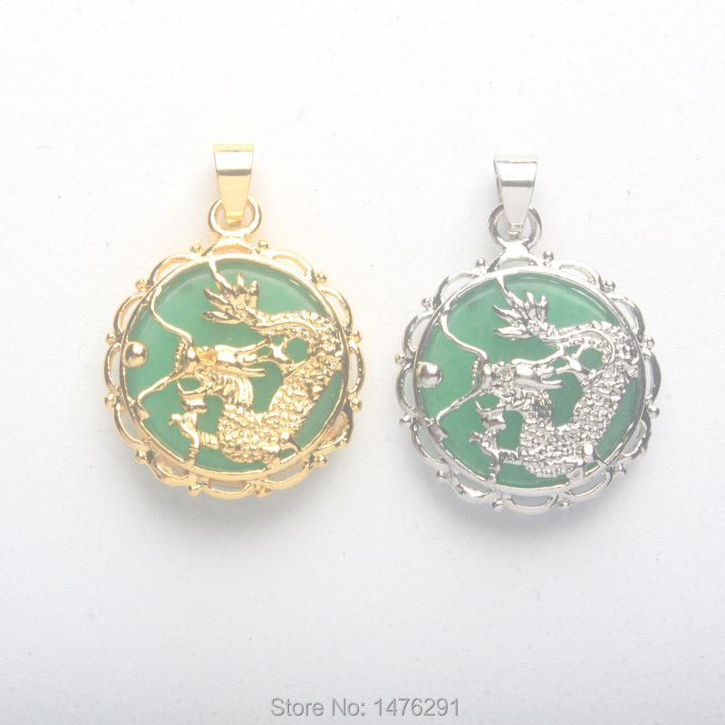 

Pendant Necklaces Superb 19X19MM Inlaid Oblate Imitation Green Jades Stone Hollow Cutting Cameo Dragon 1PCSPendant