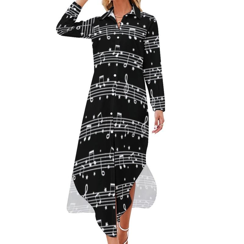 

Casual Dresses Music Notes White Chiffon Dress Sexy V Neck Monochrome Cute Street Fashion Autumn Print Oversize Vestido, Style-3