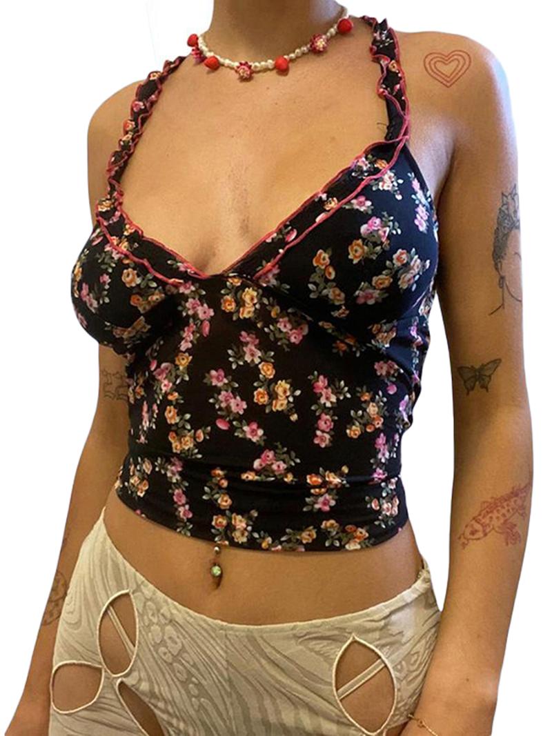 

Women' Tanks & Camis Fashion Women' Halter Crop Tops Sleeveless Floral Print Lettuce Trim Sheer Mesh CamisoleWomen, Black