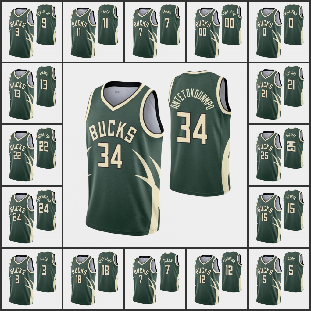 

Milwaukee Bucks''Giannis Antetokounmpo Jrue Holiday Rodney Hood Donte DiVincenzo Bobby Portis Jr. Brook Lopez Custom Green Earned Swingman Jersey