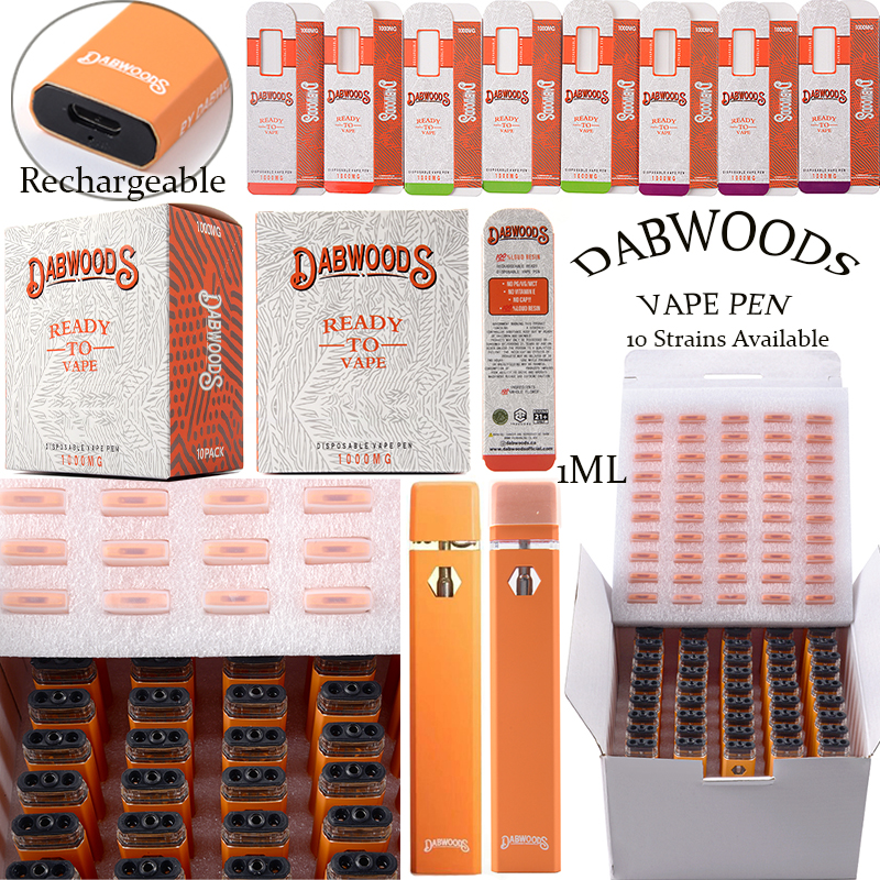 

In Stock 1ml Dabwoods Rechargeable E Cigarette Disposable Vape Pens Device Pods Empty 280mAh Vaporizers With USB Chargers With Box Foam Package 10 Strains