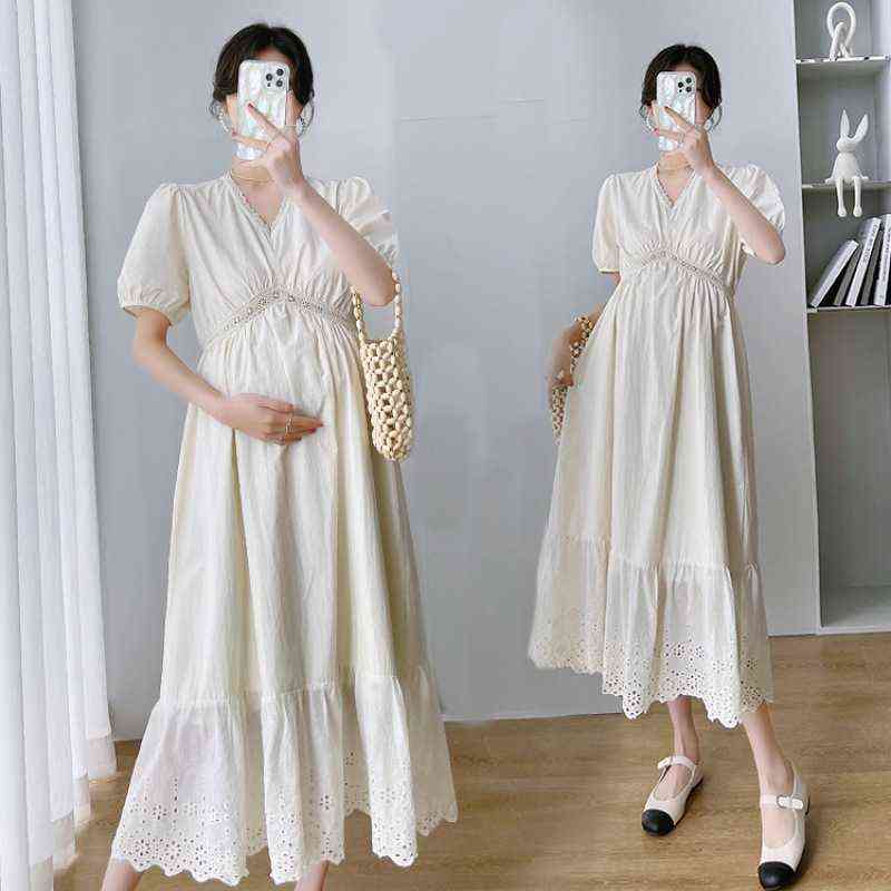 

Maternity Dresses Pregnancy Clothes For Pregnant Women Fashion Solid Cotton and Linen V-Neck Empire Slim Hollow Out Hem Vestidos G220418, Beige white