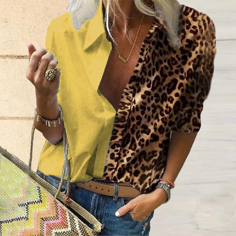 

Leopard Splice Blouse Shirt Women Turn Down Collar Shirts Fall Long Sleeve V-Neck Tops Casual Female Plus Size Women's Blouses &, White