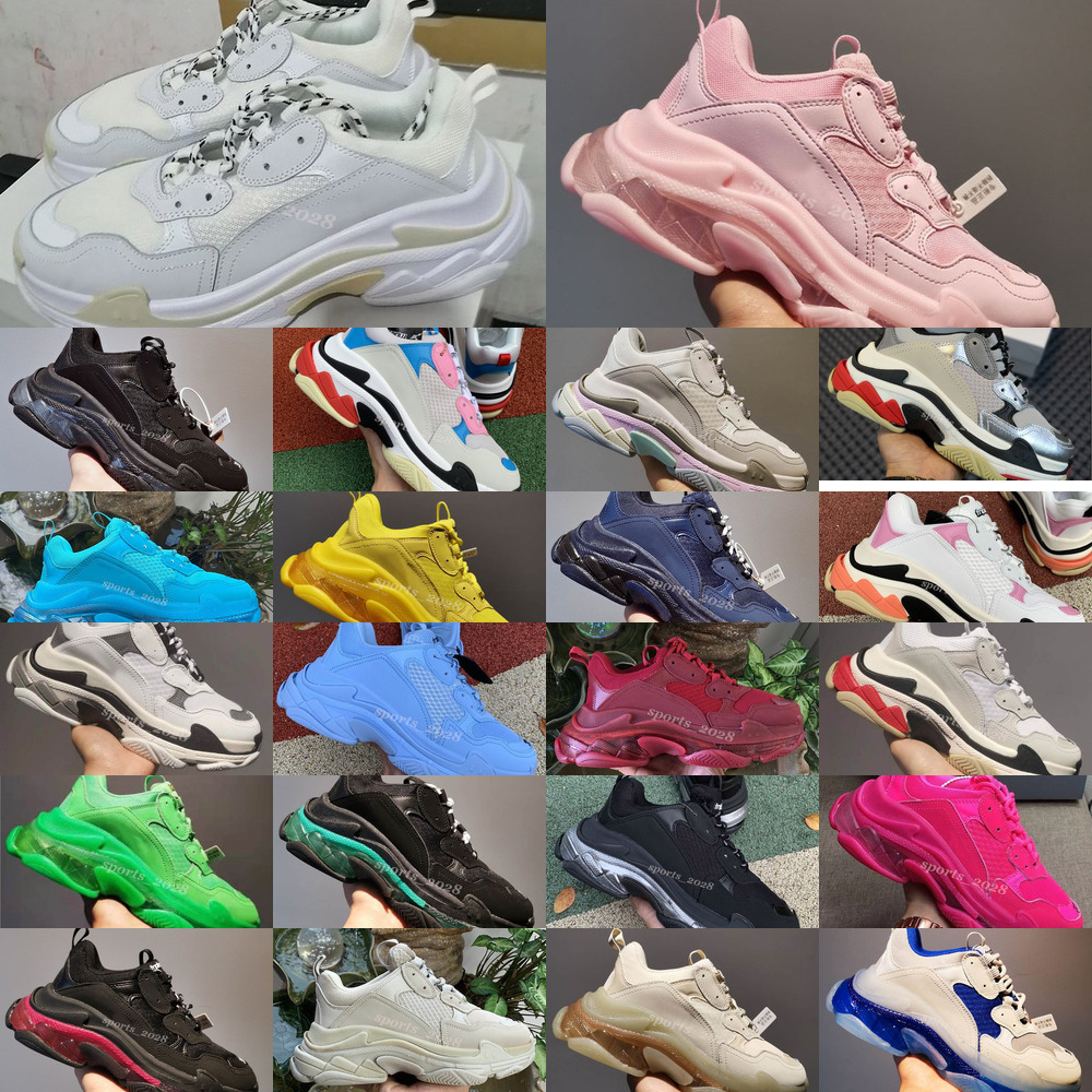 

2021 Fashion Triple S Clear Sole Designer Shoes Black Ivory Purple White Pink Red Navy Blue Green Crystal Luxury Platform Sneakers, B3 clear sole red 36-45