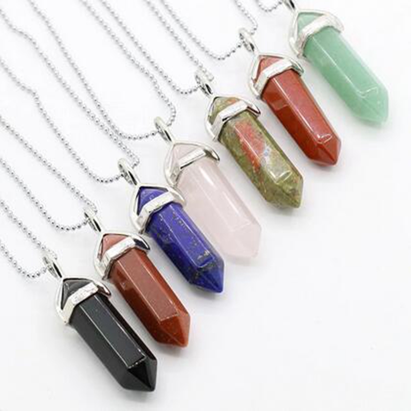 

Natural Gem Stone Necklace Crystal Pendant Hexagonal Bullet Reiki Chakra Pink Purple Gem Choker Women Jewelry Accessories DIY Gifts