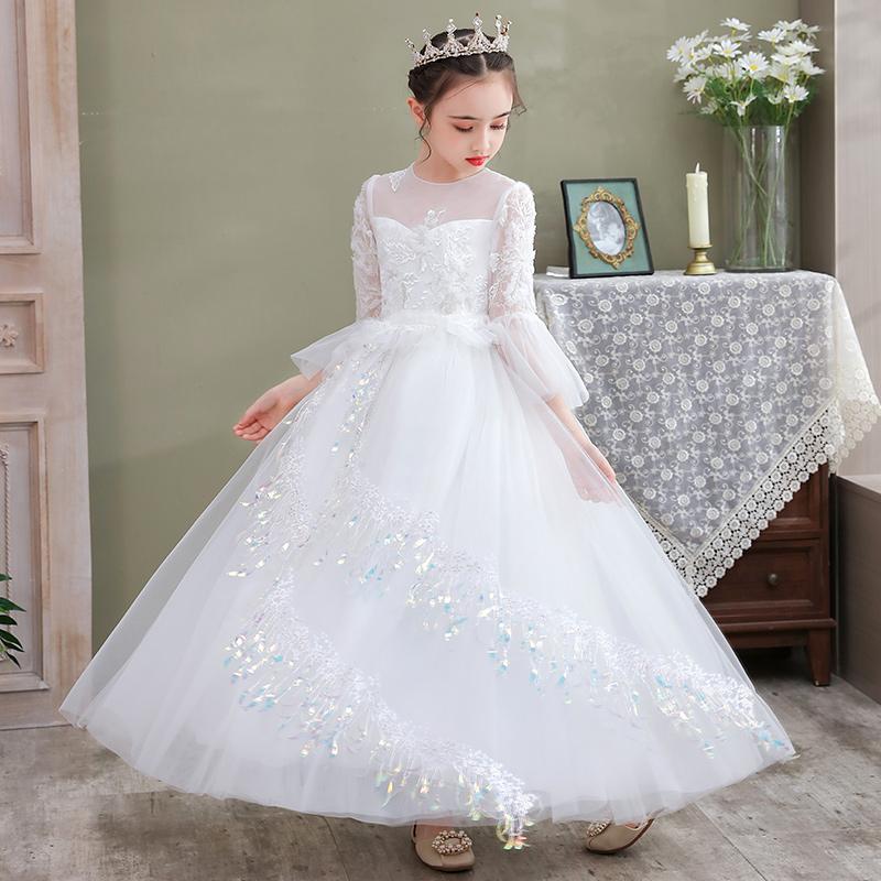 

Girl's Dresses Flower Girl For Wedding Elegant O-Neck Maxi Long Children Princess White Kids Special Occasion Gowns With SleevGirl's