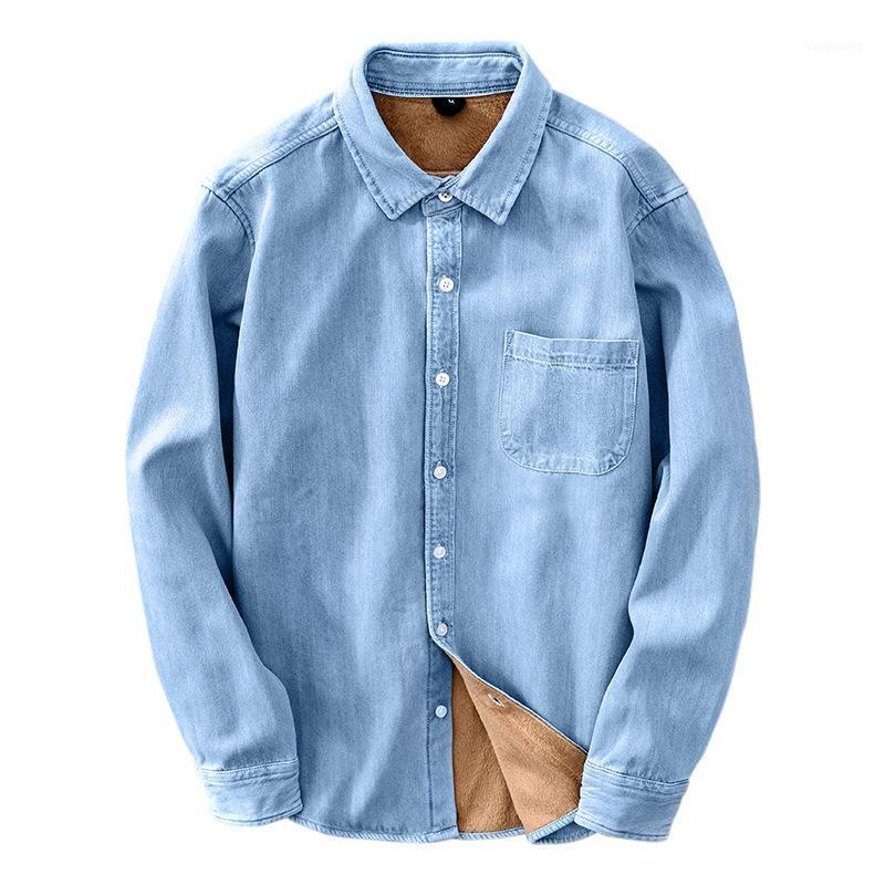 

Men's Casual Shirts Winter Fleece Denim Black Blue Cotton Thermal Warm Slim Fit For Male