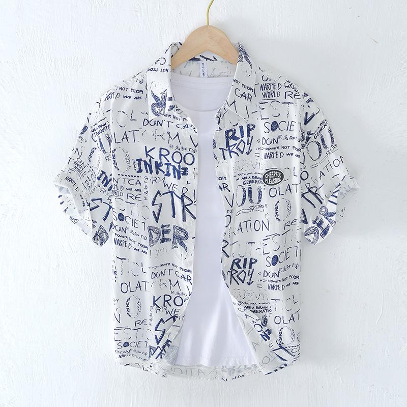 

Men's Casual Shirts Fashion Letter Priint Short Sleeve Shirt For Men Summer White Button Up Tops Male Cotton Designer ShirtsMen's, Gray