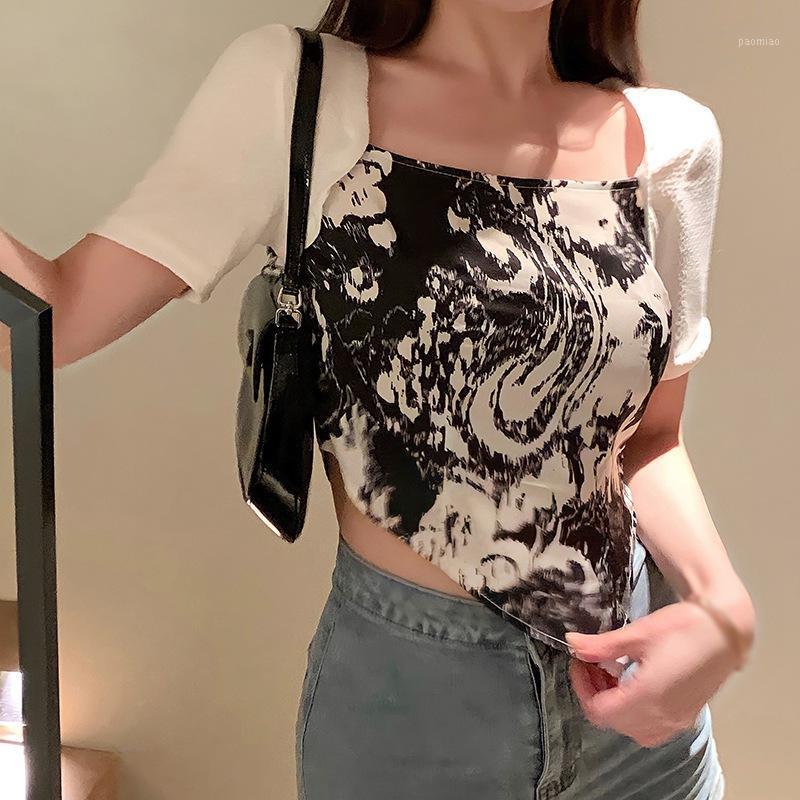 

Women's T-Shirt Square Neck Panel Irregular Slim Short Sleeve Top, Black