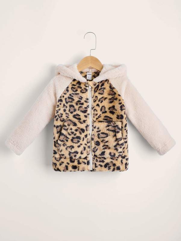 

Toddler Boys Leopard Panel Raglan Sleeve Hooded Teddy Jacket SHE, Multicolor