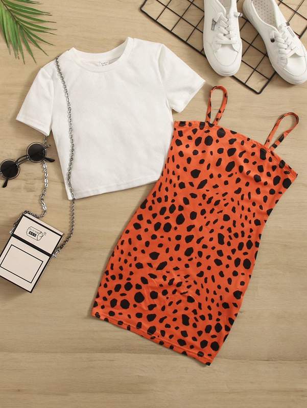 

Girls Ribbed-knit Tee & Graphic Print Cami Dress SHE, Multicolor