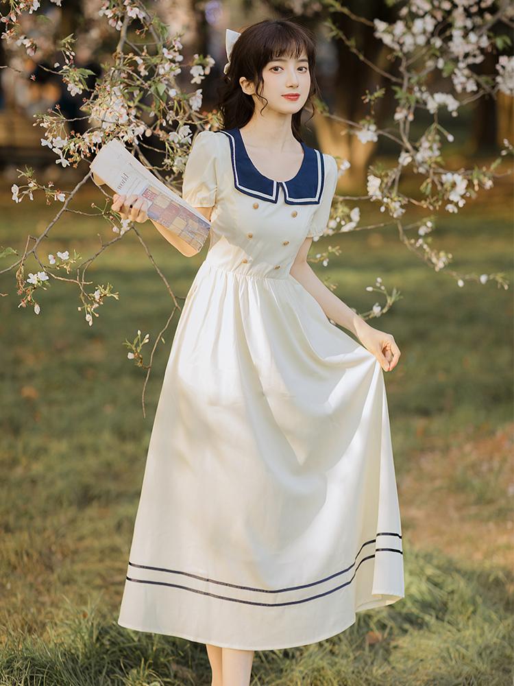 

Party Dresses Japanese Preppy Style Women Long Dress Summer Vintage Sailor Collar Loose Casual Retro Mori Girl Robe Longue Ete Vestido, Apricot
