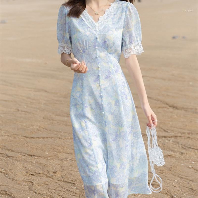 

Casual Dresses Women' 2022 Summer V Neck Short Sleeve Slim Pullover Dress Vintage Print High Waist A Line Vestidos Robe, The picture color