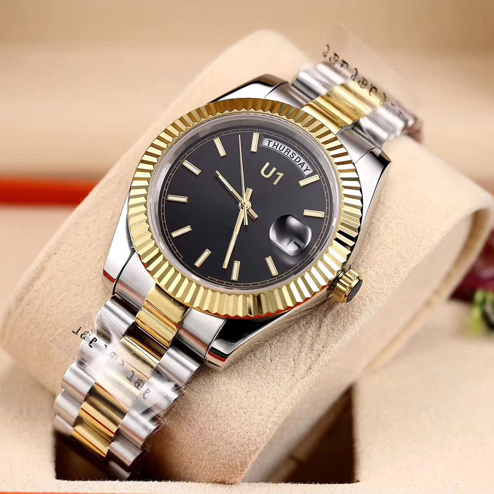 

U1 Factory New ST9 Black Dial Watch Day Automatic DATE Movement 40MM Men Watches Stainless Steel Two Tone Bracelet Mens Wristwatches