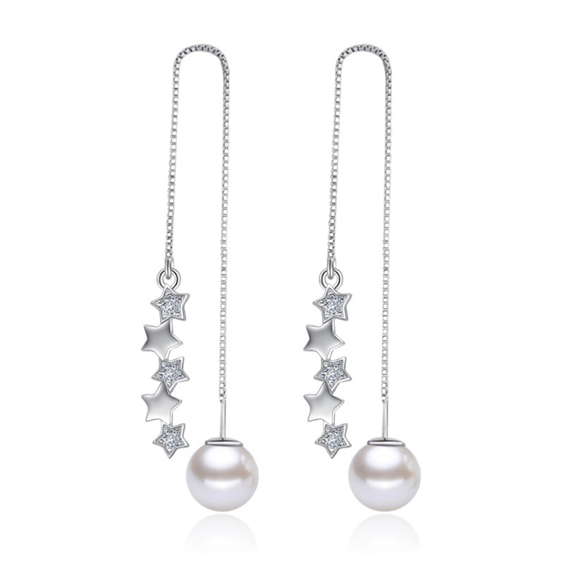 

OMHXZJ Wholesale Fashion pentagram pearls star 925 Sterling Silver Tassel pendant drop Long Ear Line Earrings For Women YS155