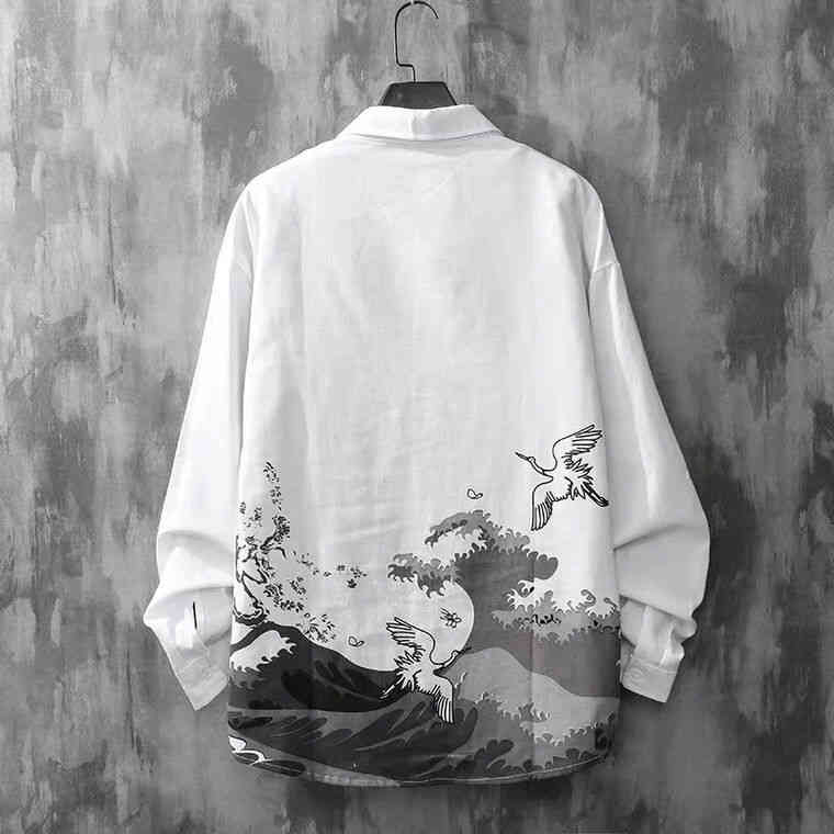 

Tide brand simple spring and autumn Chinese wave printing long-sleeve shirt male teenagers handsome Japanese loose leisure art versatile, White 1