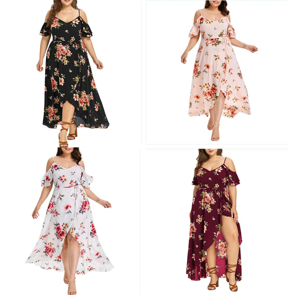 

Plus Tropical Print Cold Shoulder Hanky Hem Dress q5mC#, White