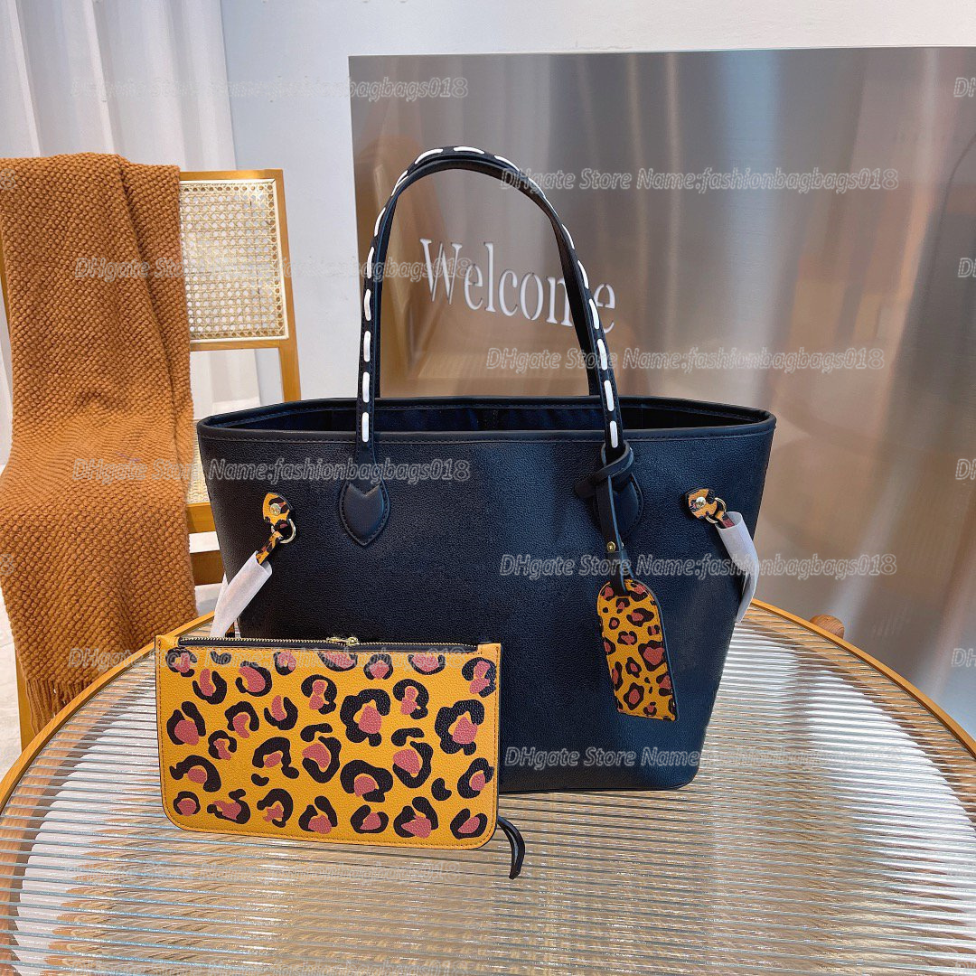 

Wild At Heart Series Leopard Never MM Full Tote Stylish City Bags Black Embossed Monograms Canvas with Zip Clutch Pouch Luxurys Handbag