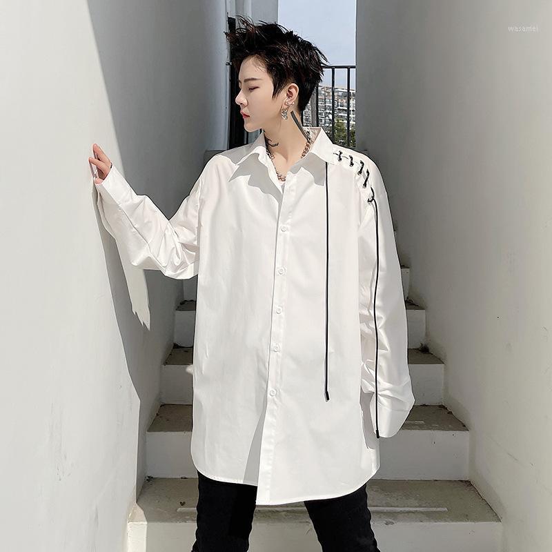

Male Streetwear Hip Hop White Shirt Men Shoulder Eyelets Ropes Loose Casual Stage Fashion Show Clothing Men's Shirts, C92