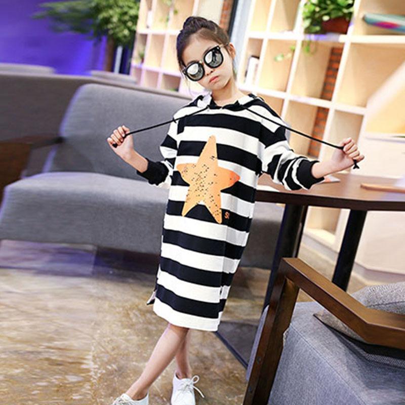 

Girl's Dresses Hooded Long T Shirts For Teenage Baby Girls Autumn Striped Star Printed Dress Clothing Kid Casual Sleeve BabyGirl's, Kids long dresses