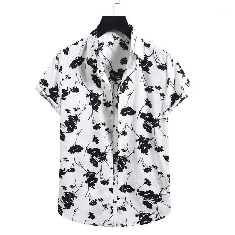 

Men' Casual Shirts Summer Fashion Man Floral Lapel Hawaiian Beach Tops Short Sleeve Blouse Vocation Camisa, White
