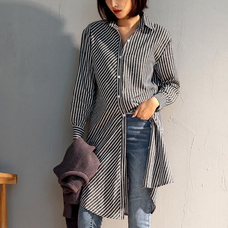 

Women' Blouses & Shirts Plus Size Irregular Striped Womens 2022 Casual BF Style Cotton Tops Female Large Turn-Down Collar Loose Oversize Bl, Gray striped blouse