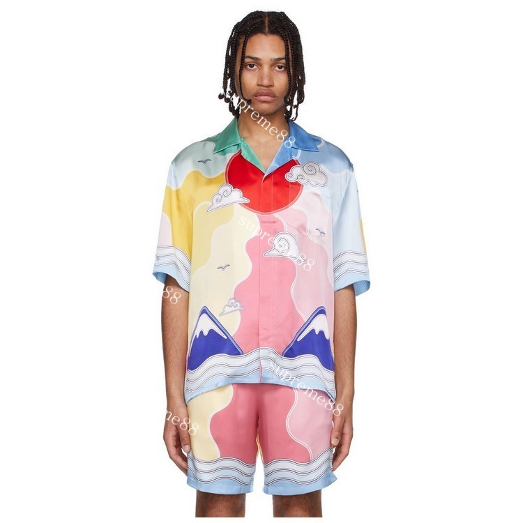 Casablanca men designer sets sunset Lapel silk Soleil Levant multicolor short sleeves shirts summer beach shorts-image-764629521
