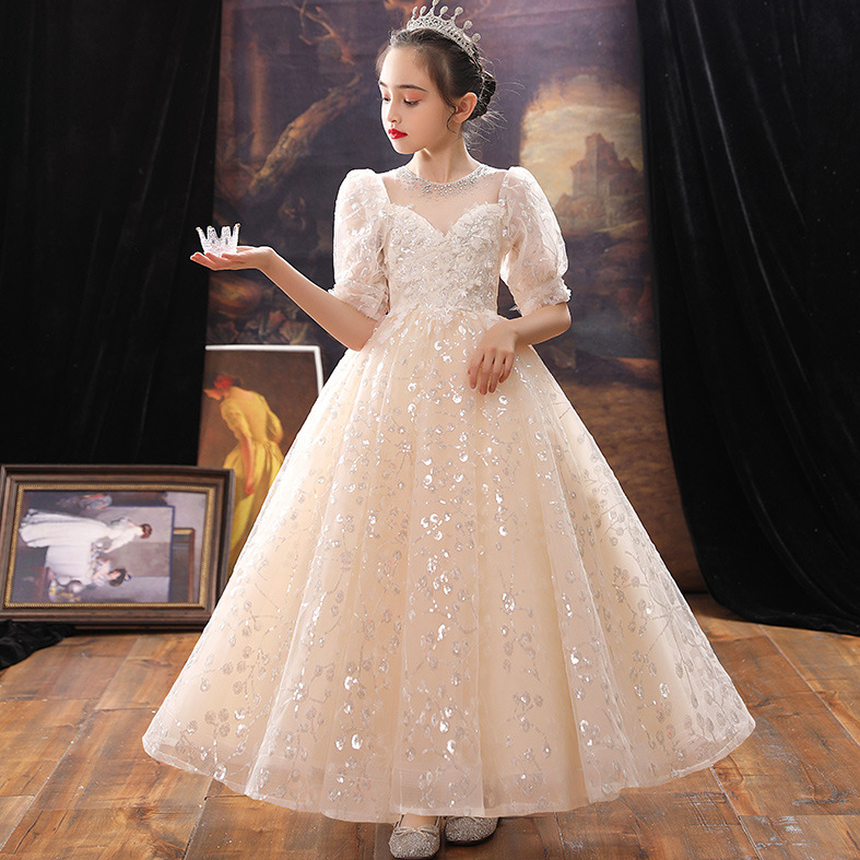 2022 Bling perlé cristal fleur filles robes pour adolescents Tulle longueur de plancher plage petite fille Pageant robes de soirée jupe en tulle