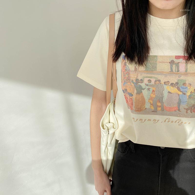 

Women's T-Shirt Ulzzang Preppy Style Cartoon Graphic Print T Shirt Women Summer Tops 2022 Harajuku Loose Short Sleeve Tee Schoolgirl, Beige